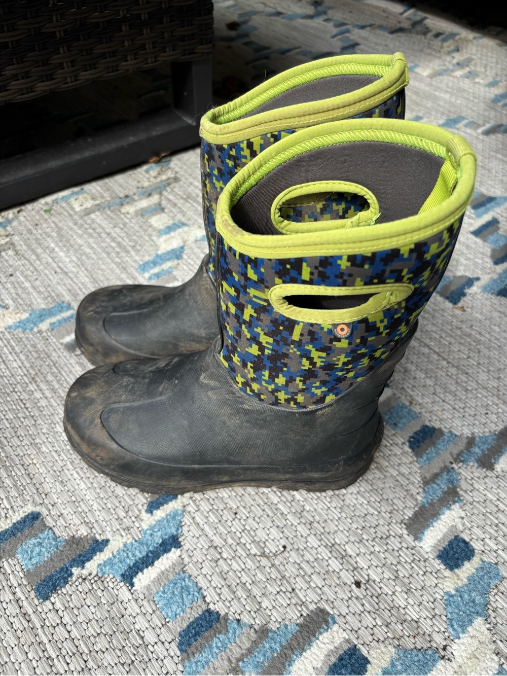 Kids Waterproof Bogs Boots with Neon Green Camouflage Upper